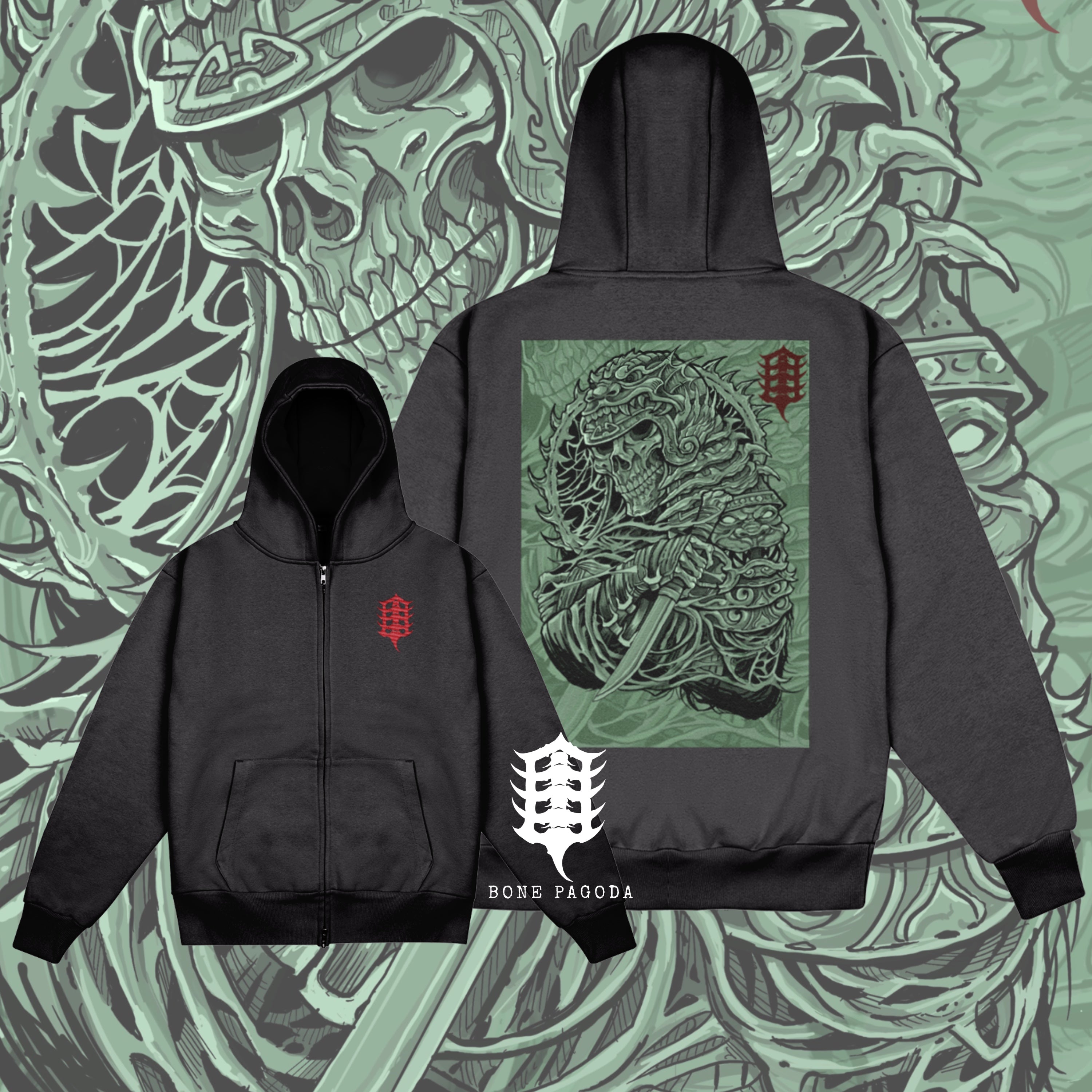 Undead Dynasty Warrior. Heavy-weight Charcoal Grey Zip Hoodie