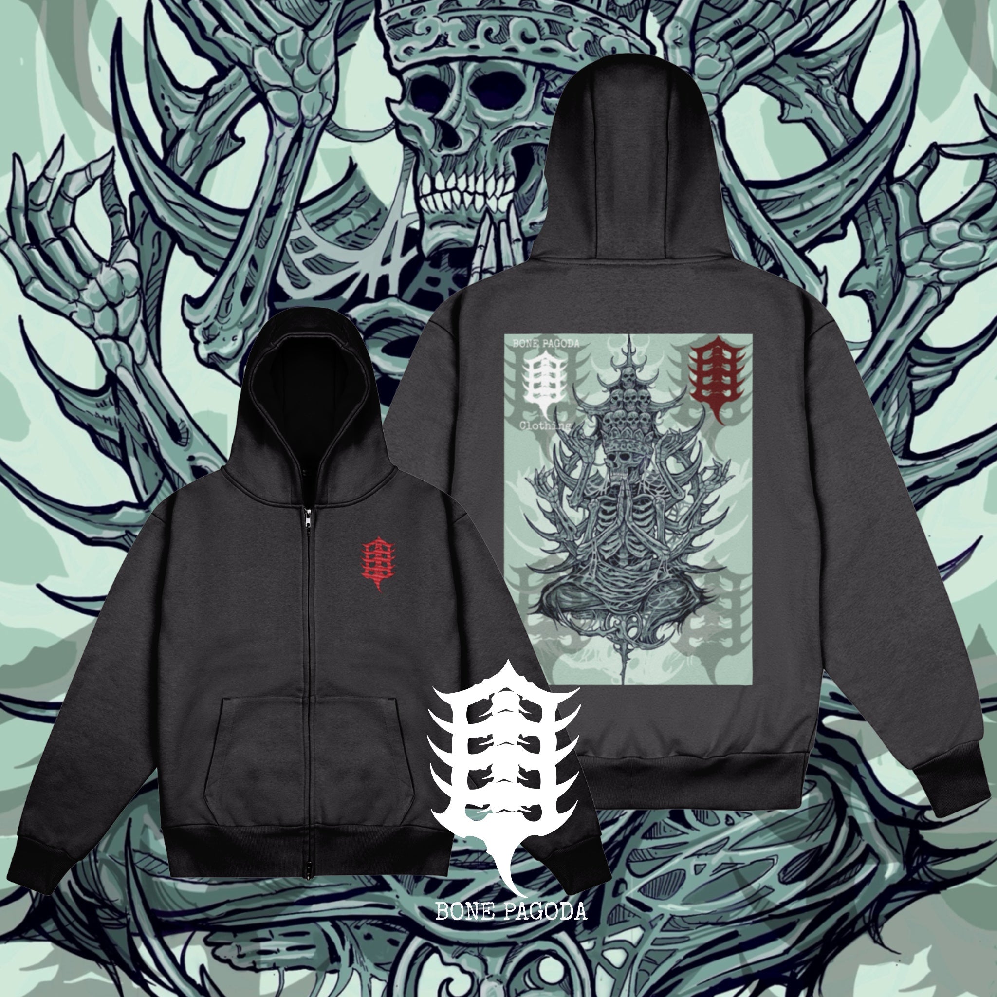 Quan Yin: Spiritual Protection. Charcoal Heavy-weight Zip Hoodie.