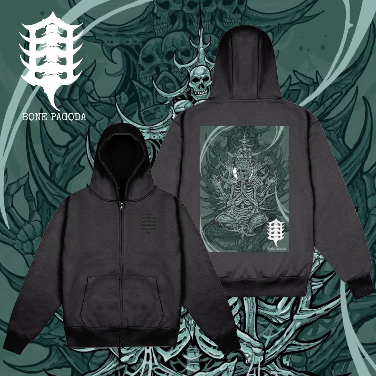Quan Yin: Shrine. Heavy-Weight Zip Hoodie. Charcoal Grey