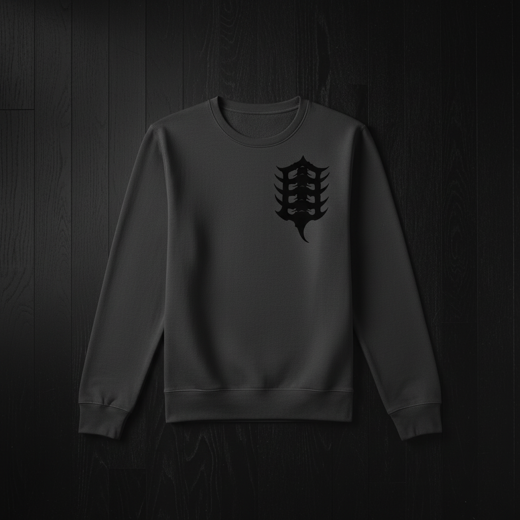 Flat lay of sweatshirt on darker wooden floor with lighting