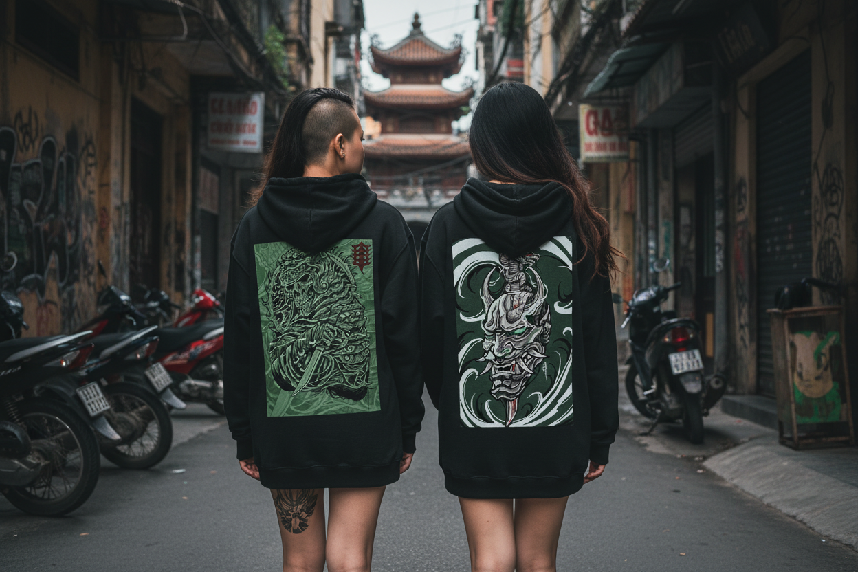 Friends wearing authentic hoodie designs