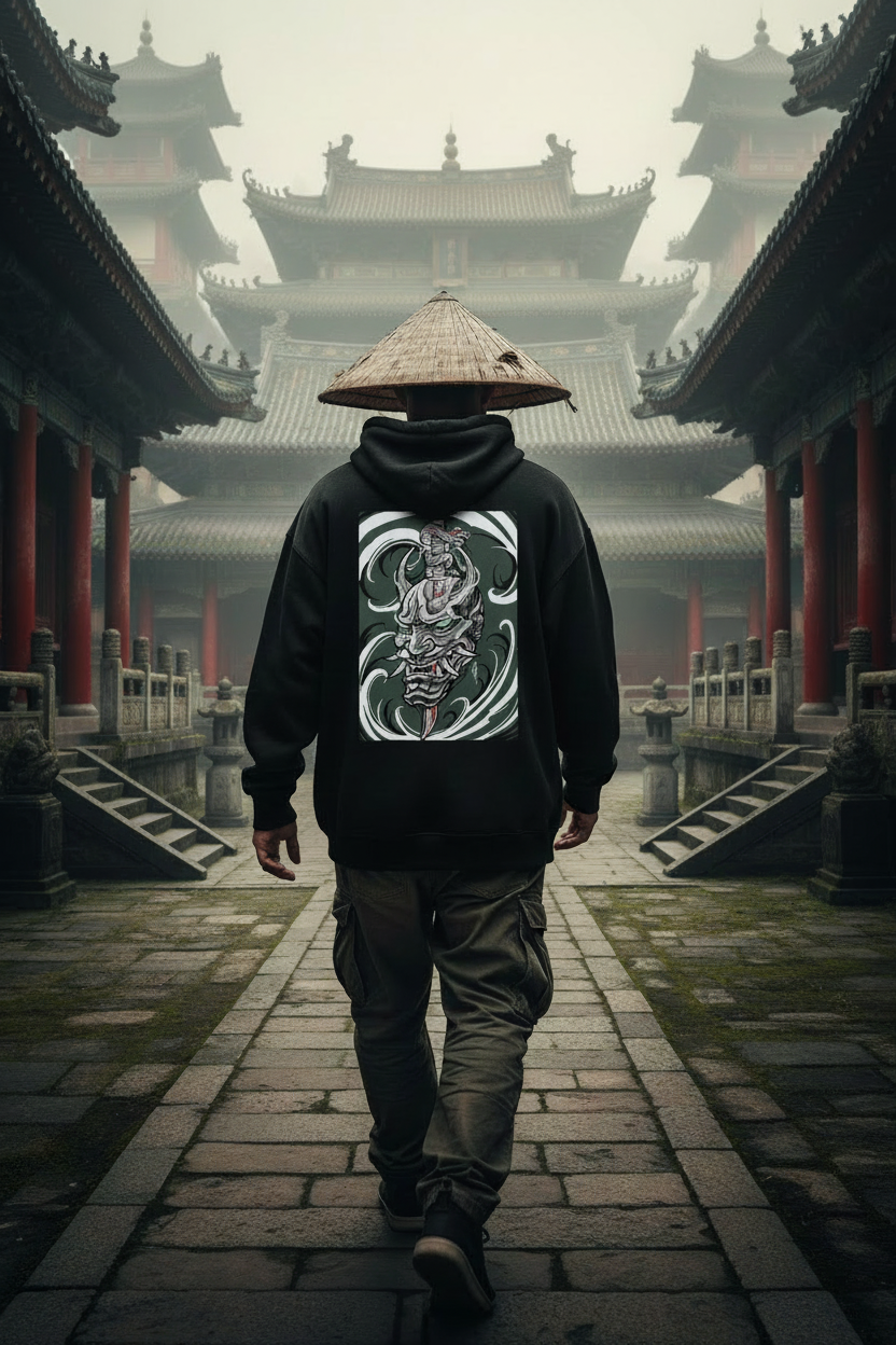 Model in samurai warrior hoodie at temple