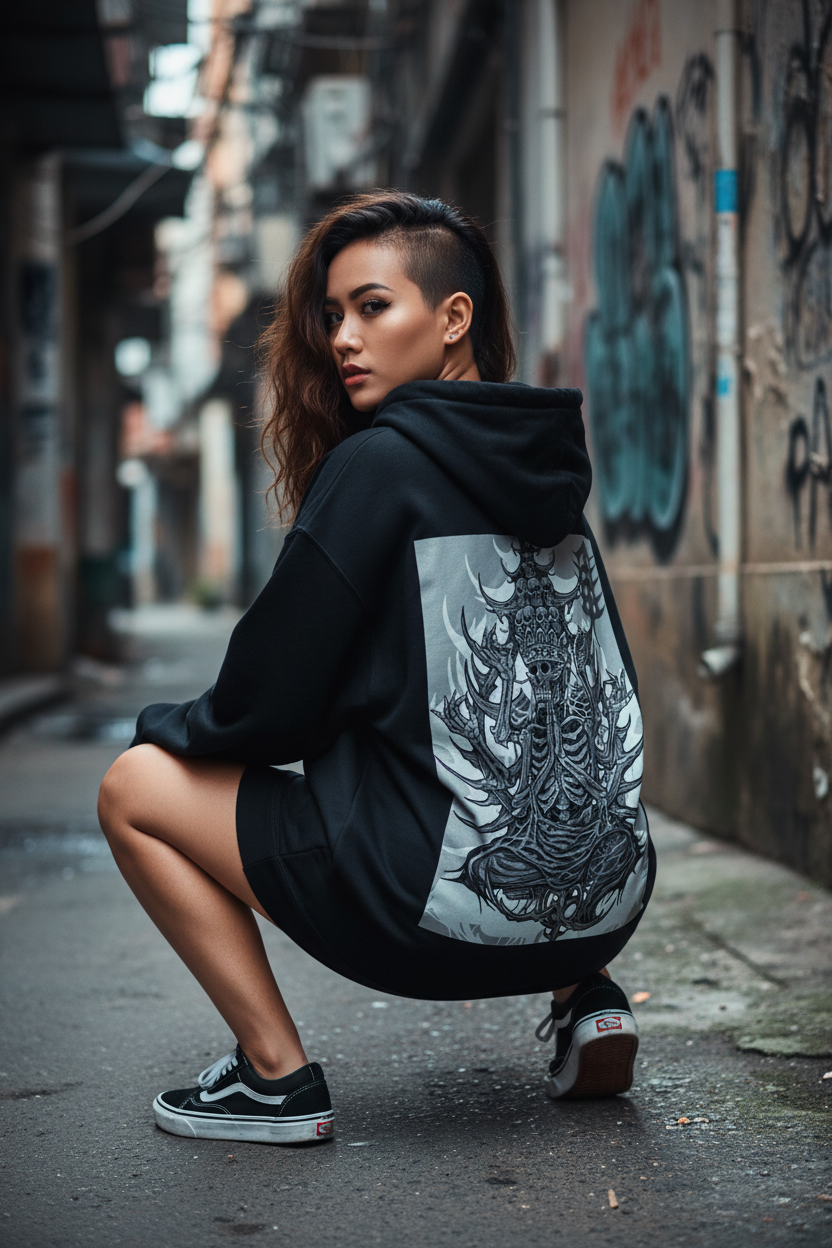 Vietnamese model with shaved head and Vans